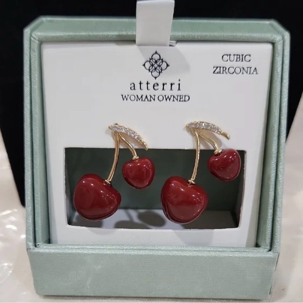 ATTERRI NIB Vibrant Red Cherry Heart Dangle Earrings - Picture 6 of 6